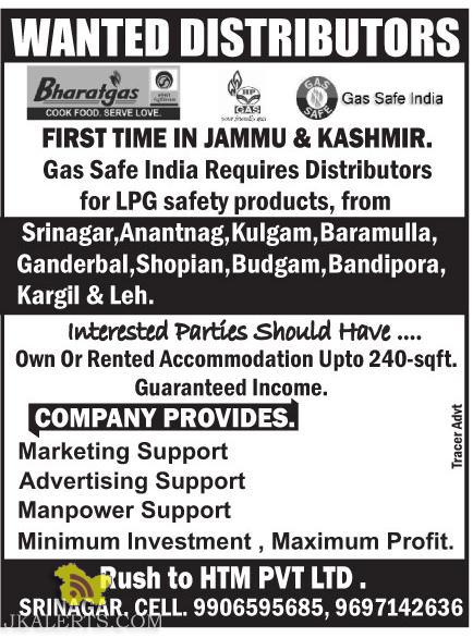 Required LPG Gas Distributors for Srinagar, Anantnag, Kulgam, Baramulla, Ganderbal, Shopian, Budgam, Bandipora, Kargil & Leh.