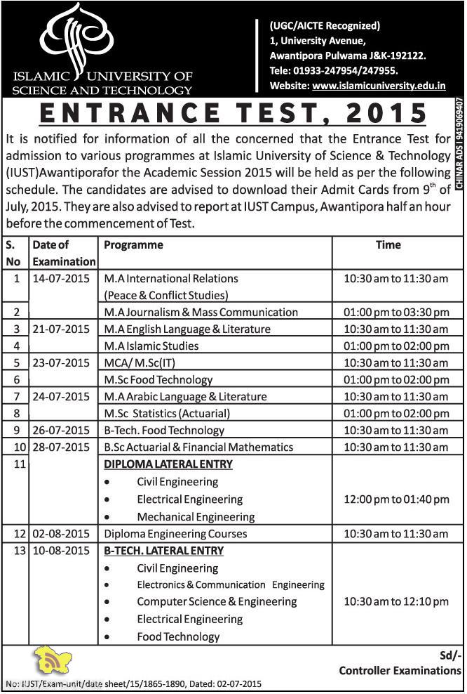 Islamic University of Science & Technology Entrance test 2015