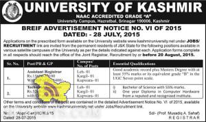 Assistant Registrar, Technical Assistant Jobs in Kashmir University, Government Jobs in Jammu and kashmir, Jobs in kashmir, Vacancies in KU, Posts in KU
