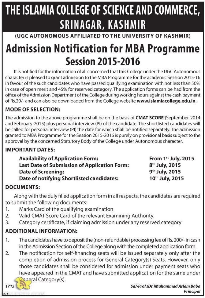 MBA ADMISSION IN THE ISLAMIA COLLEGE OF SCIENCE AND COMMERCE