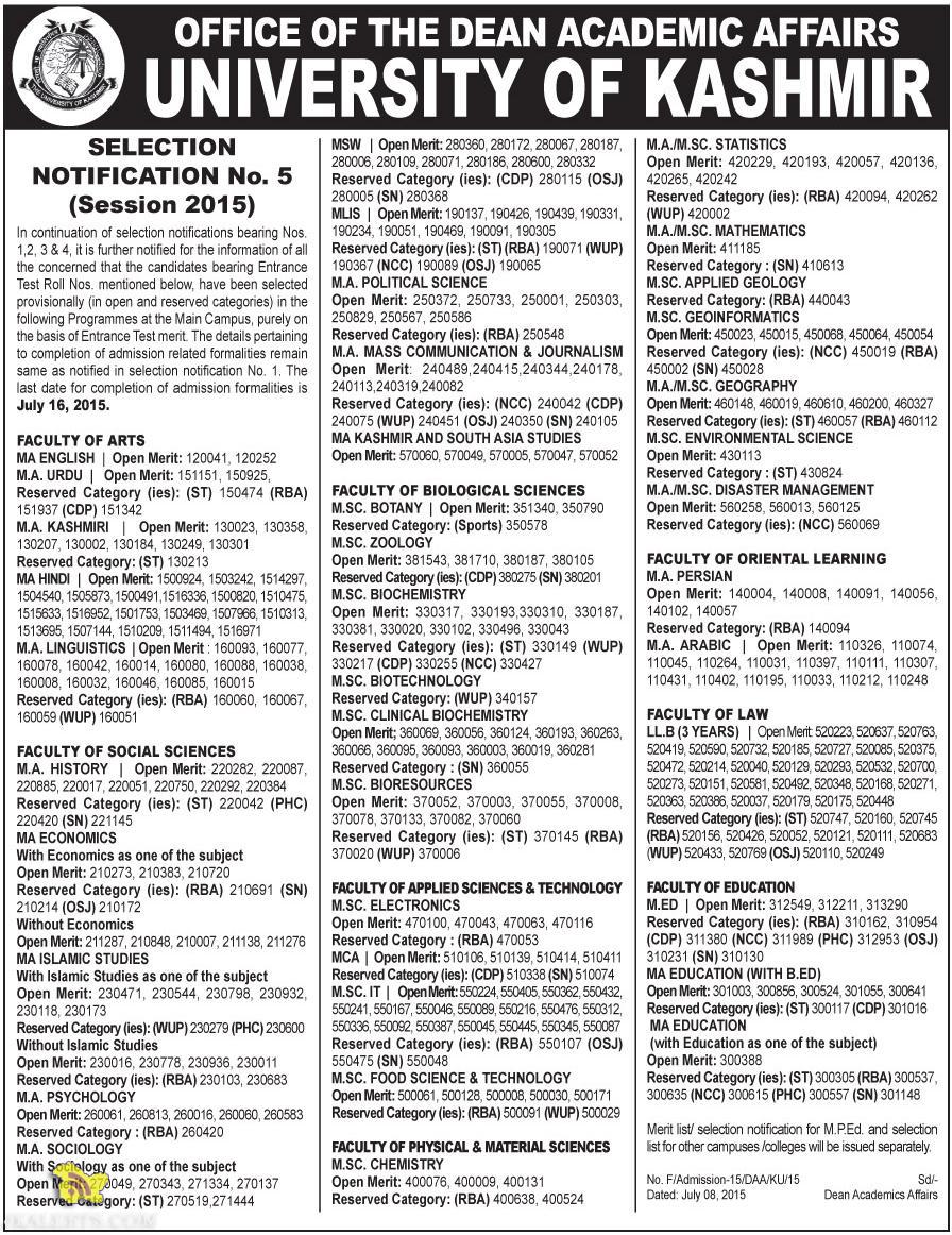Selection list of Kashmir University