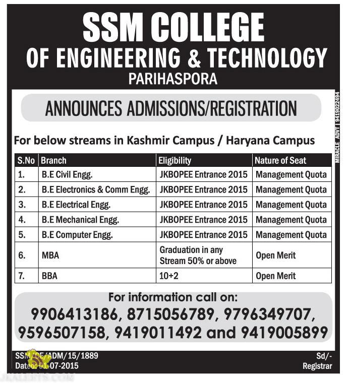 SSM COLLEGE OF ENGINEERING & TECHNOLOGY ADMISSION in BE MBA BBA