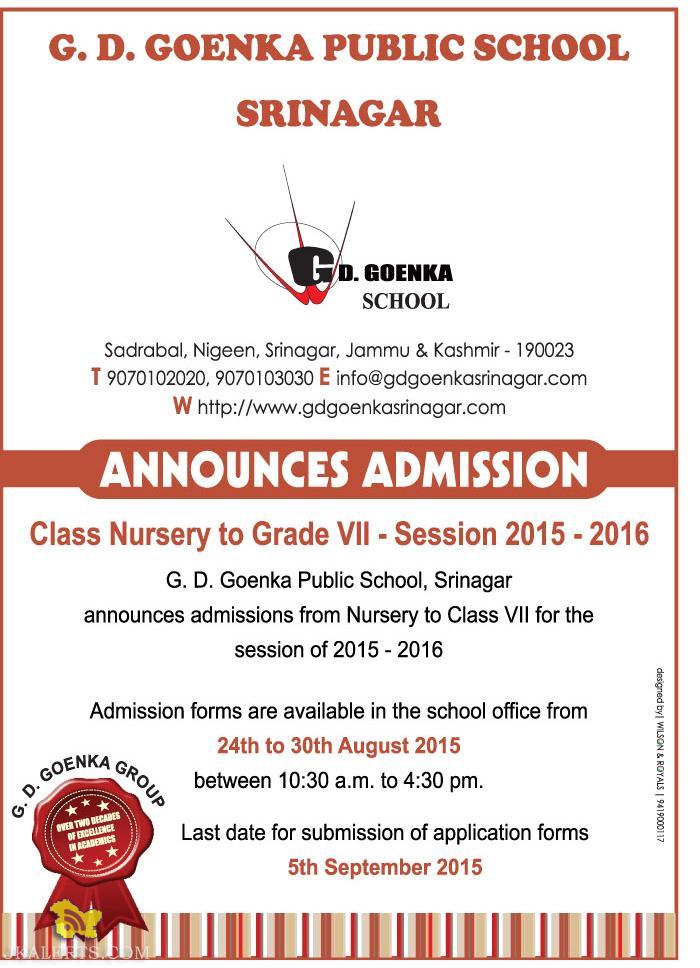 Admission open in G. D. Goenka Public School, Srinagar 2015-16