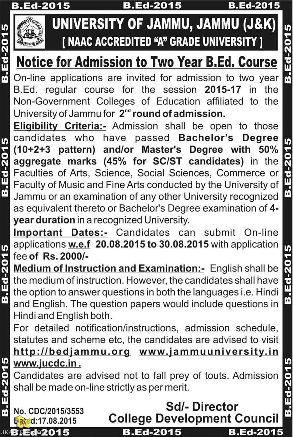 Admission to Two Year B.Ed. Course in University of Jammu