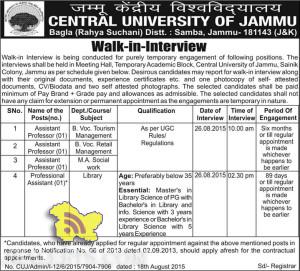 Assistant Professor, Professional Assistant Jobs in CENTRAL UNIVERSITY OF JAMMU, Jobs in Central university, Recruitment in Central University, CUJ Jobs