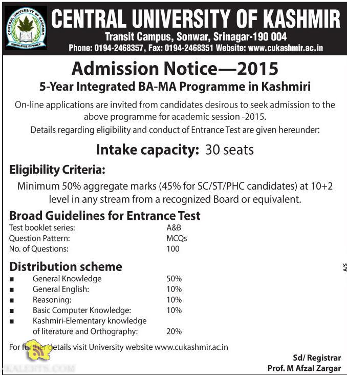 Admission open in 5-Year Integrated BA-MA Programme in Kashmiri