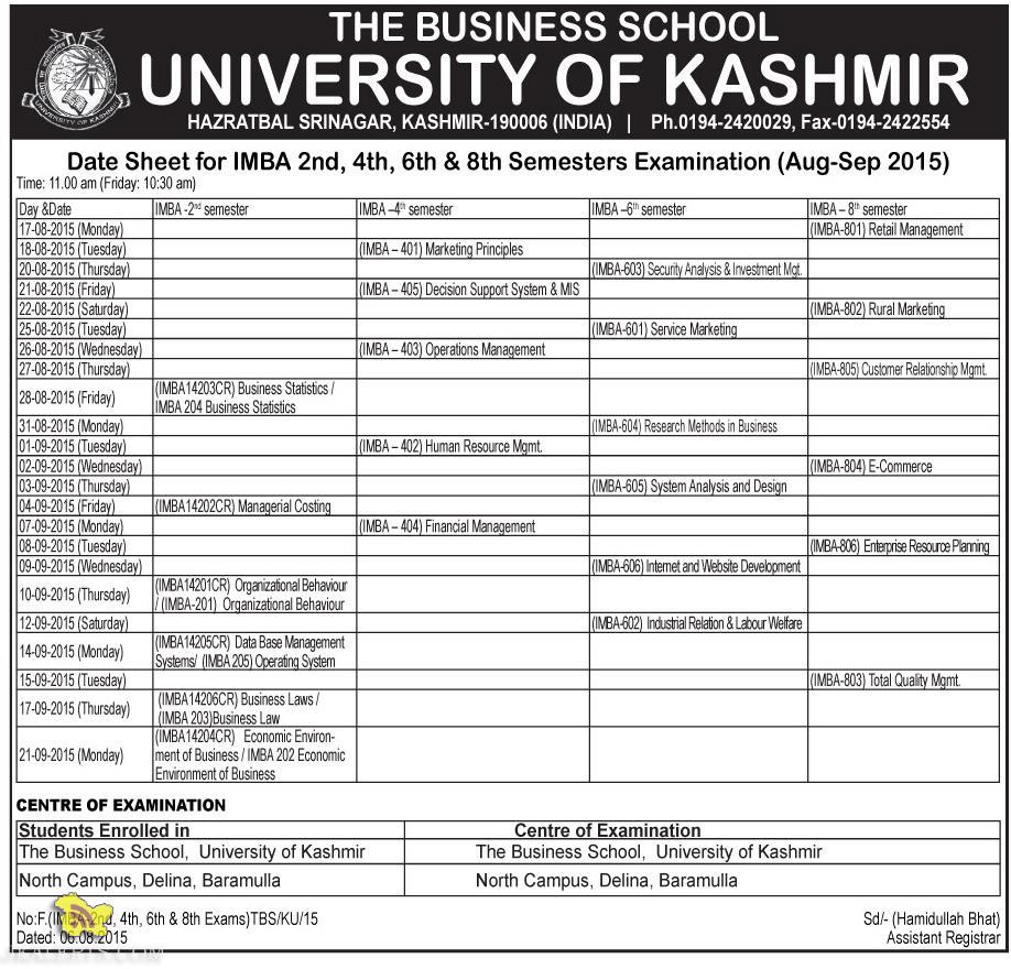 Date Sheet for IMBA 2nd, 4th, 6th & 8th Semesters Kashmir University