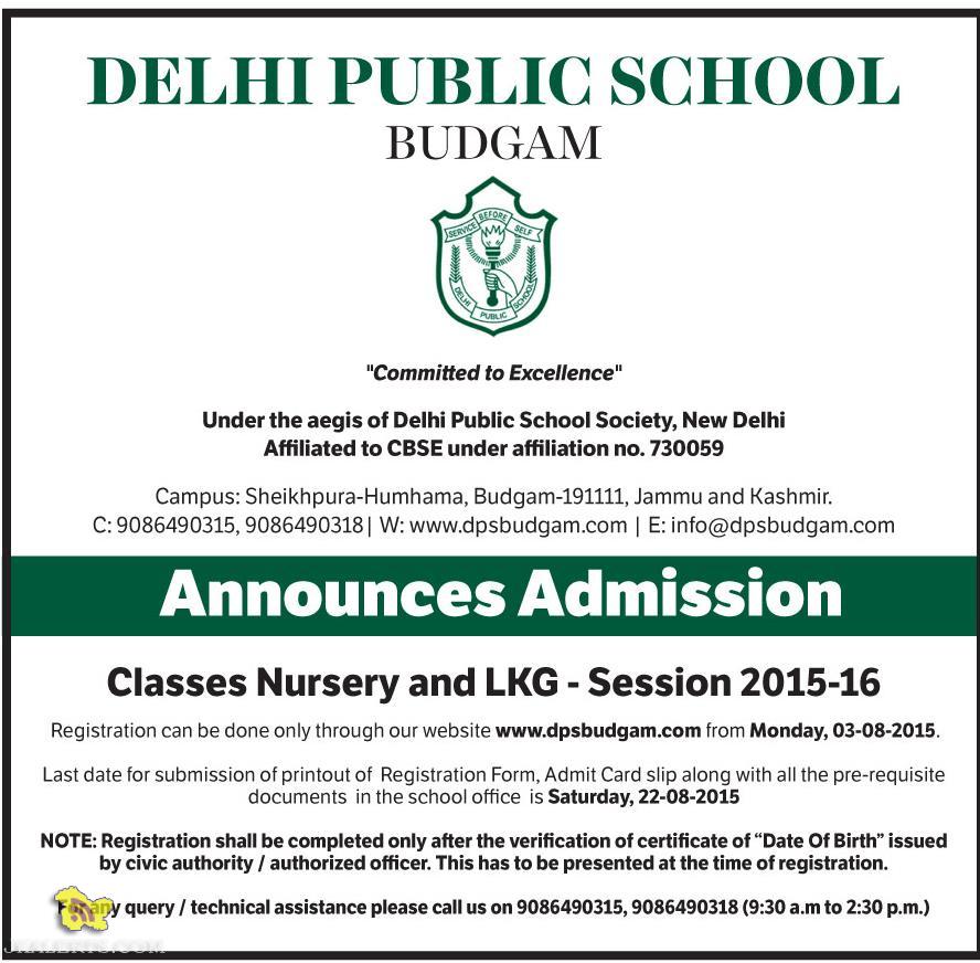 Admission open in DELHI PUBLIC SCHOOL, Classes Nursery and LKG 2015