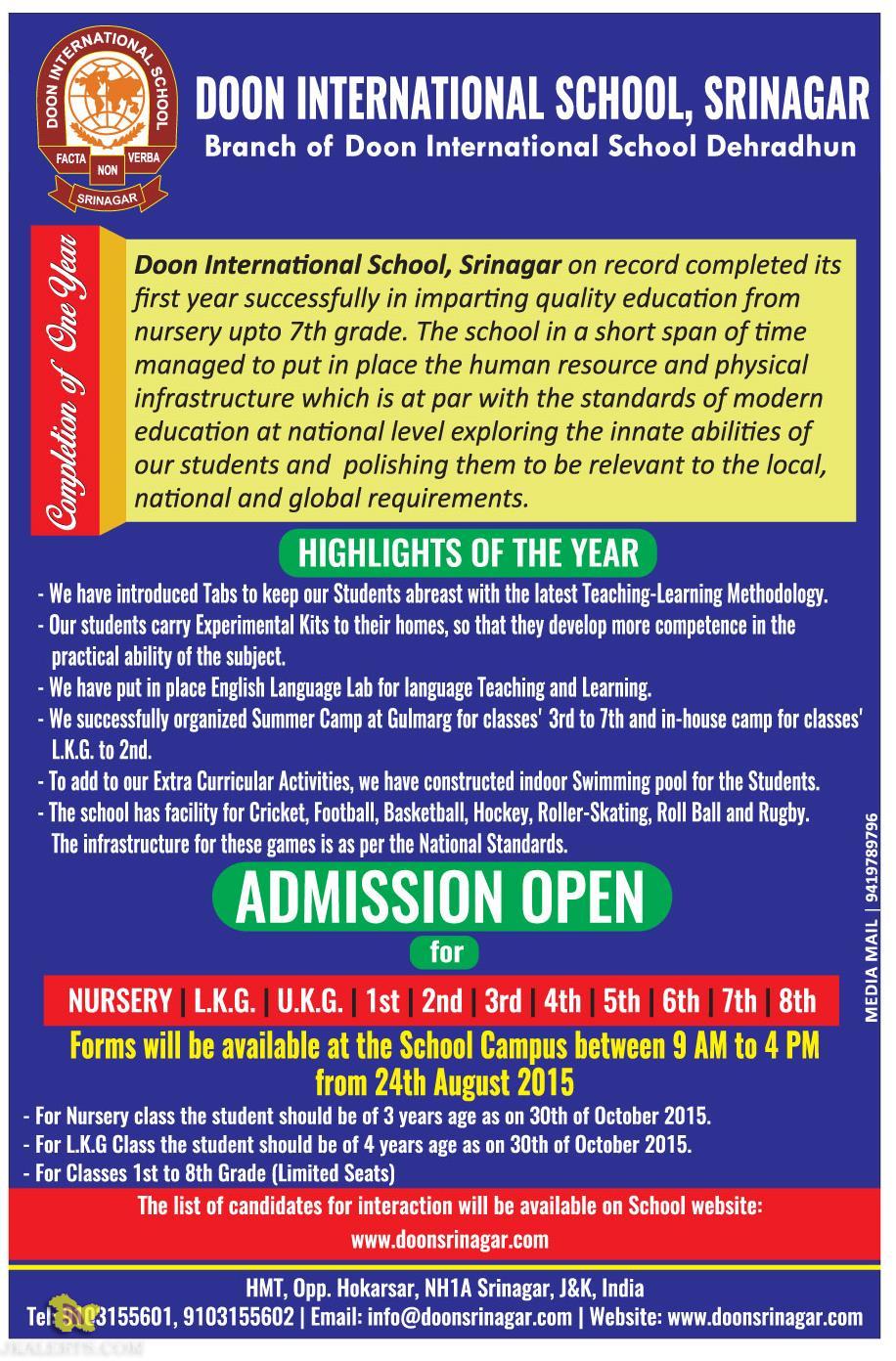 Admission open in DOON INTERNATIONAL SCHOOL, SRINAGAR