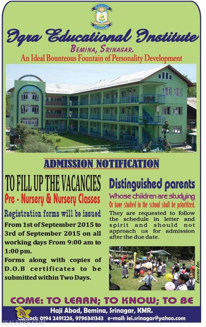 Admission open in Iqra Educational Institute Srinagar