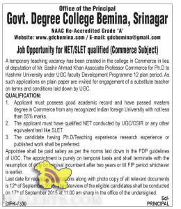 Job in Govt degree college for NET / SLET qualified students