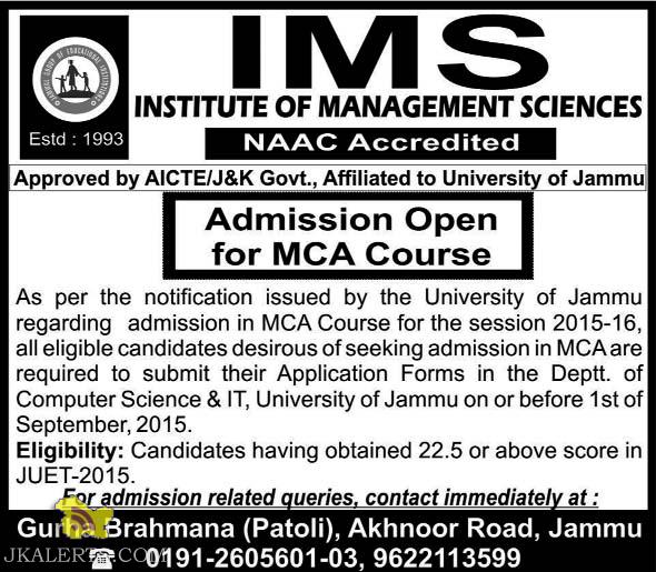 Admission Open in IMS for MCA Course Jammu university