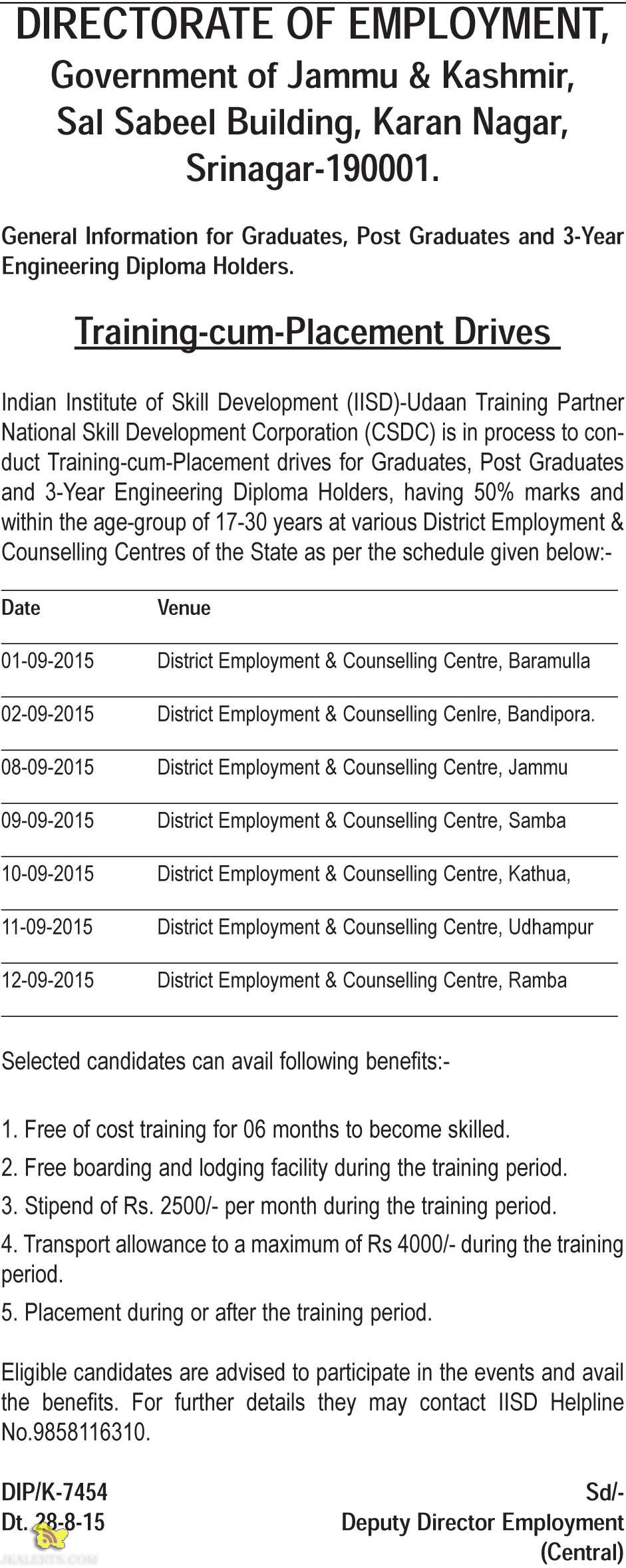 Training cum Placement Drive for Graduates, Post Graduates and 3-Year Engineering Diploma holder