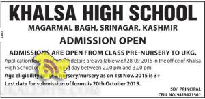 Admission open in KHALSA HIGH SCHOOL srinagar