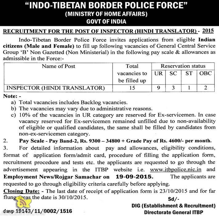 ITBP RECRUITMENT FOR THE POST OF INSPECTOR