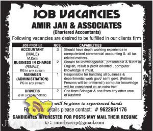 ACCOUNTANT, BUSINESS IN CHARGE, MANAGER, DRIVER JOBS IN SRINAGAR