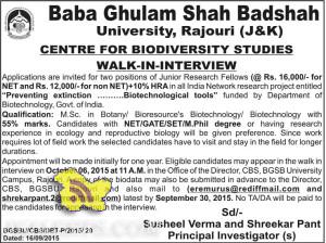 Junior Research Fellows jobs in Baba Ghulam Shah Badshah University, Rajouri