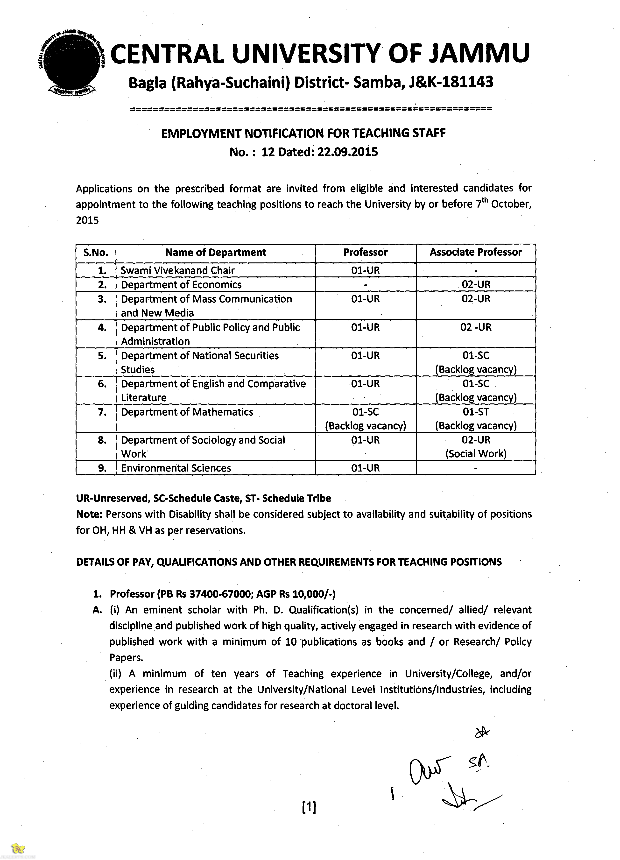 EMPLOYMENT NOTIFICATION FOR TEACHING STAFF IN CENTRAL UNIVERSITY OF JAMMU CUJ