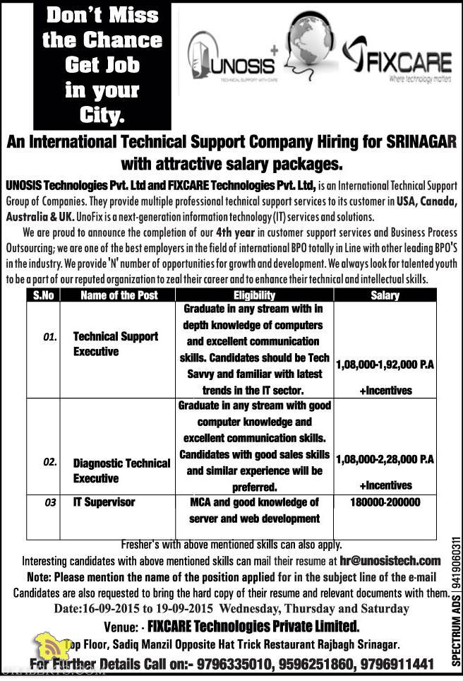 Technical Support, IT Supervisor jobs in UNOSIS and FIXCARE Technologies Pvt Ltd