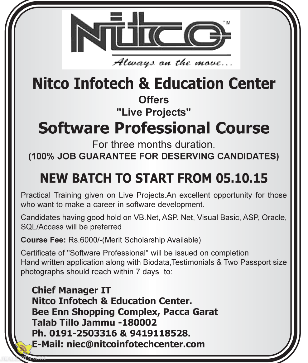Nitco Infotech & Education Center Offers "Live Projects" Software Professional Course
