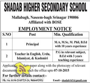Teachers Job in Shadab Higher secondary school Srinagar