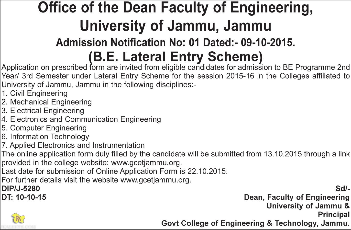 B.E. Lateral Entry Scheme, Admission open University of Jammu, Jammu