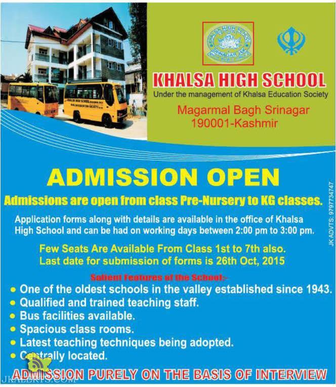 Khalsa High school Admissions open from class Pre-Nursery to KG classes.