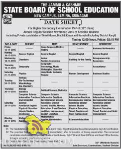 JKBOSE Higher Secondary Examination Part-ll (12th class) Datesheet Kashmir Division