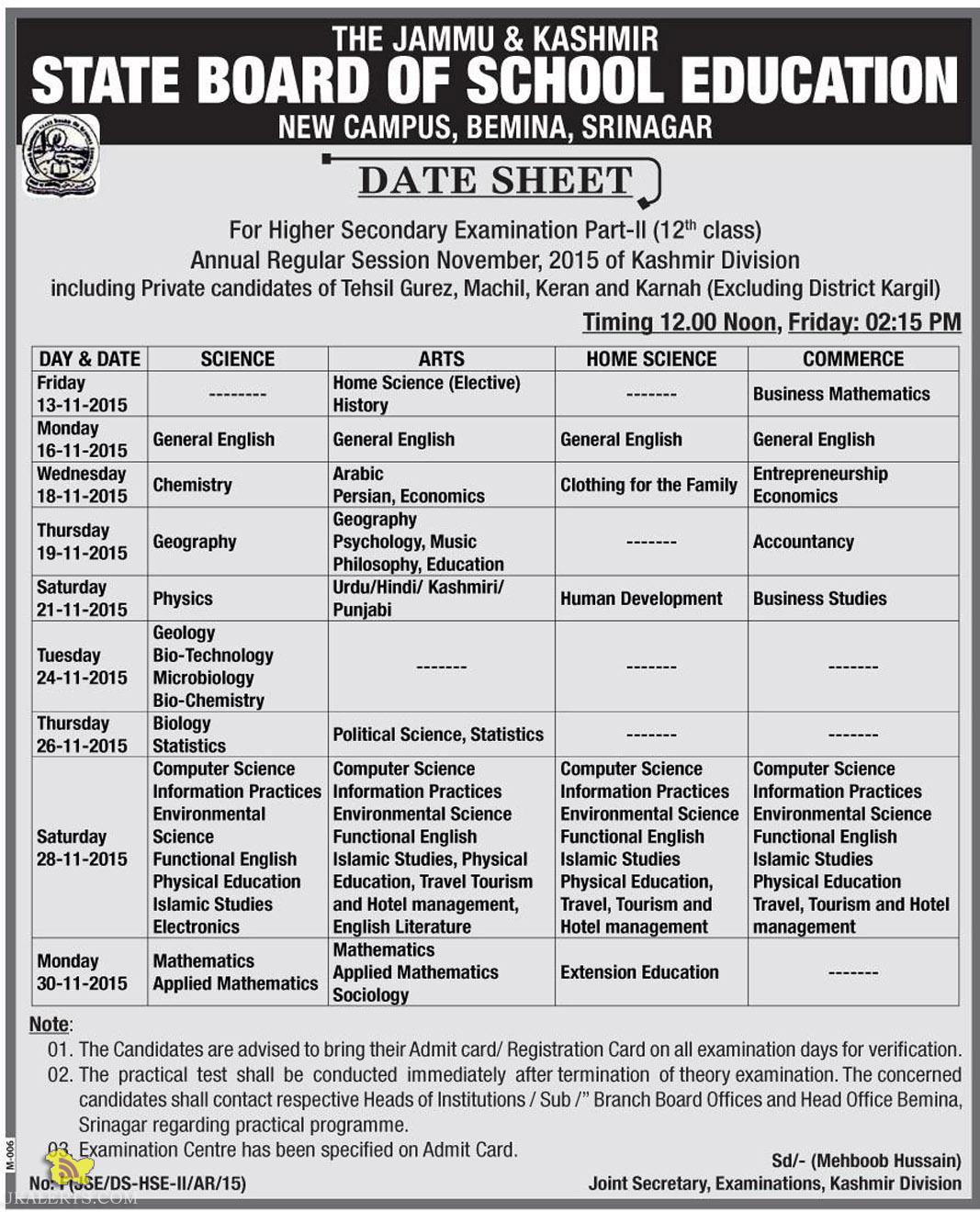 JKBOSE Higher Secondary Examination Part-ll (12th class) Datesheet Kashmir Division