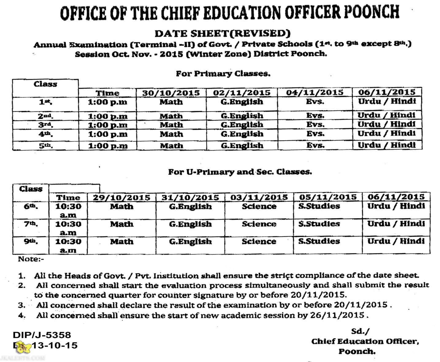 Class 1st to 9th except 8th datesheet Annual Examination (Terminal -II) 2015 Poonch