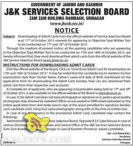 JKSSB INSTRUCTIONS FOR DOWNLOADING ADMIT CARDS