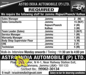 ASTRO INDIA AUTOMOBILE (P) LTD requires staff for Jammu /Rajouri/Poonch/ Kathua