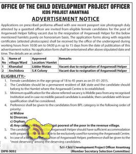 ICDS Requires female candidates for the post of Anganwadi Helper
