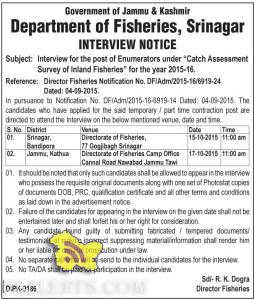 Interview for the post of Enumerators, Department of Fisheries, Srinagar