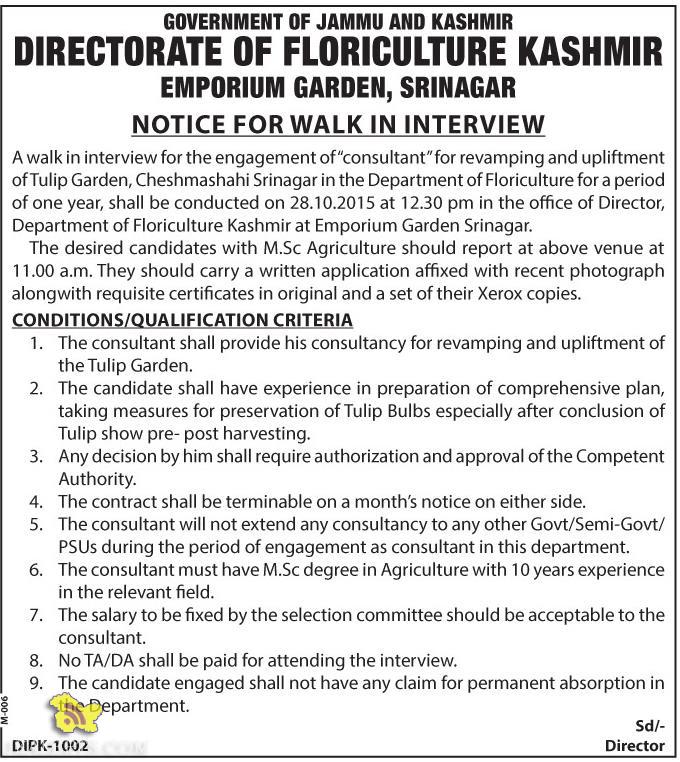 CONSULTANT WALK IN INTERVIEW IN DIRECTORATE OF FLORICULTURE KASHMIR