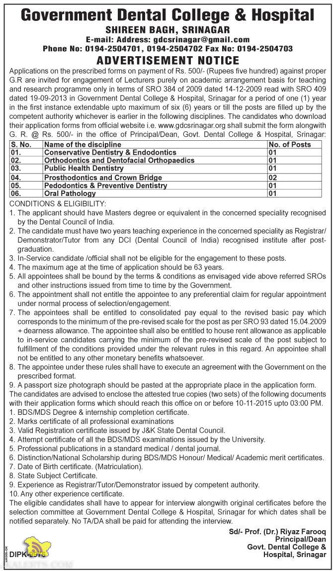 Lecturers academic arrangement basis for teaching and research in Government Dental College & Hospital