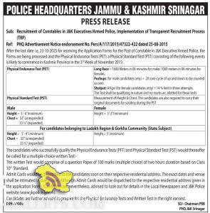 Recruitment of Constables in J&K Executives/Armed Police Notification
