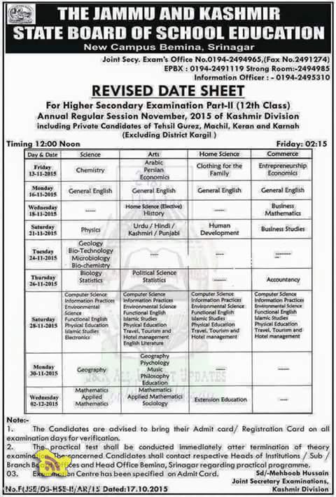 JKBOSE Revised Date Sheet Class 12th Annual 2015 Kashmir Division