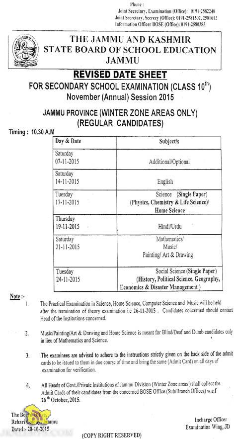 REVISED DATE SHEET CLASS 10th Annual 2015 Jammu Province Winter Zone