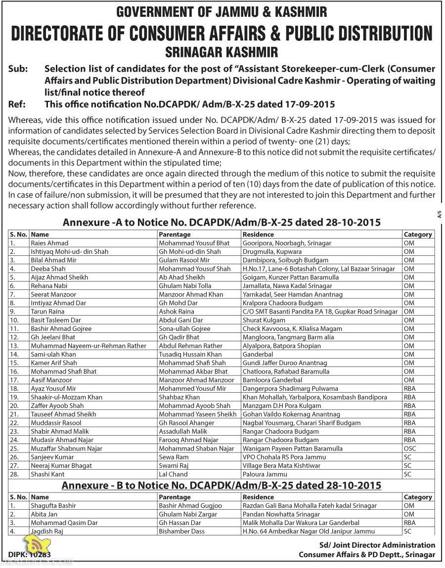 Selection list of "Assistant Storekeeper-cum-Clerk Divisional Cadre Kashmir