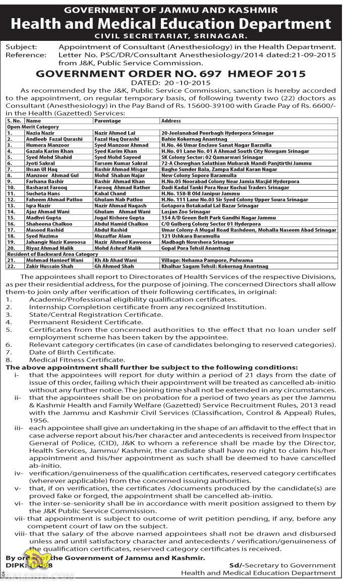 Appointment of Consultant (Anesthesiology) in the Health Department CIVIL SECRETARIAT, SRINAGAR.