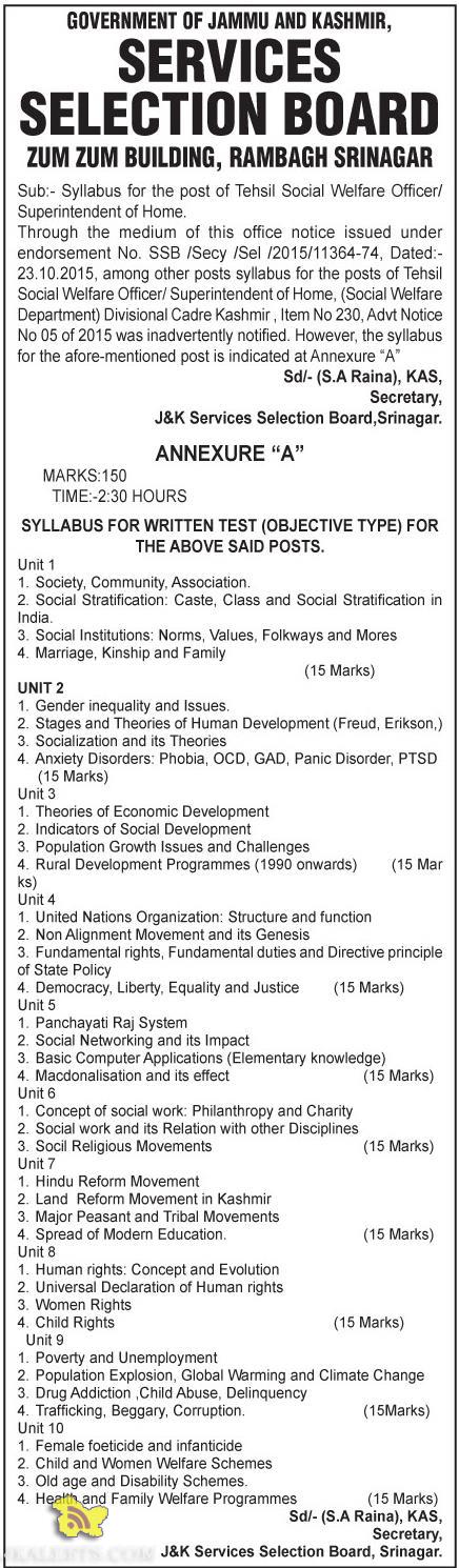 JKSSB Syllabus for the post of Tehsil Social Welfare Officer/ Superintendent of Home.