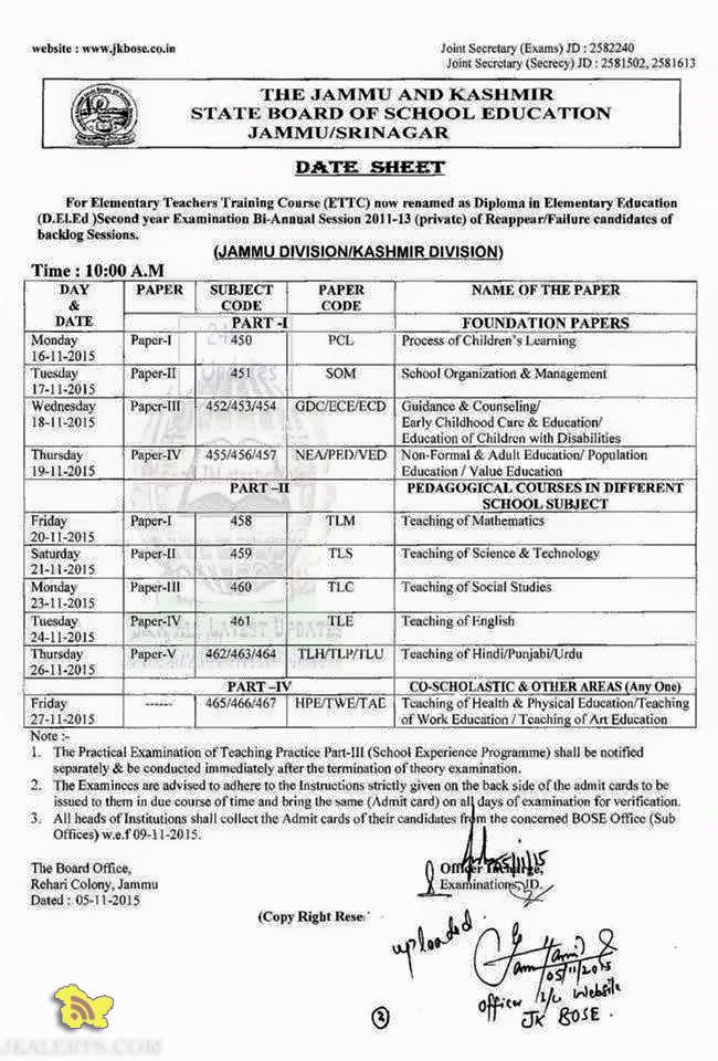 Datesheet for D.El.Ed 2nd Year Exam Bi- Annual Session 2011-13 (Private)