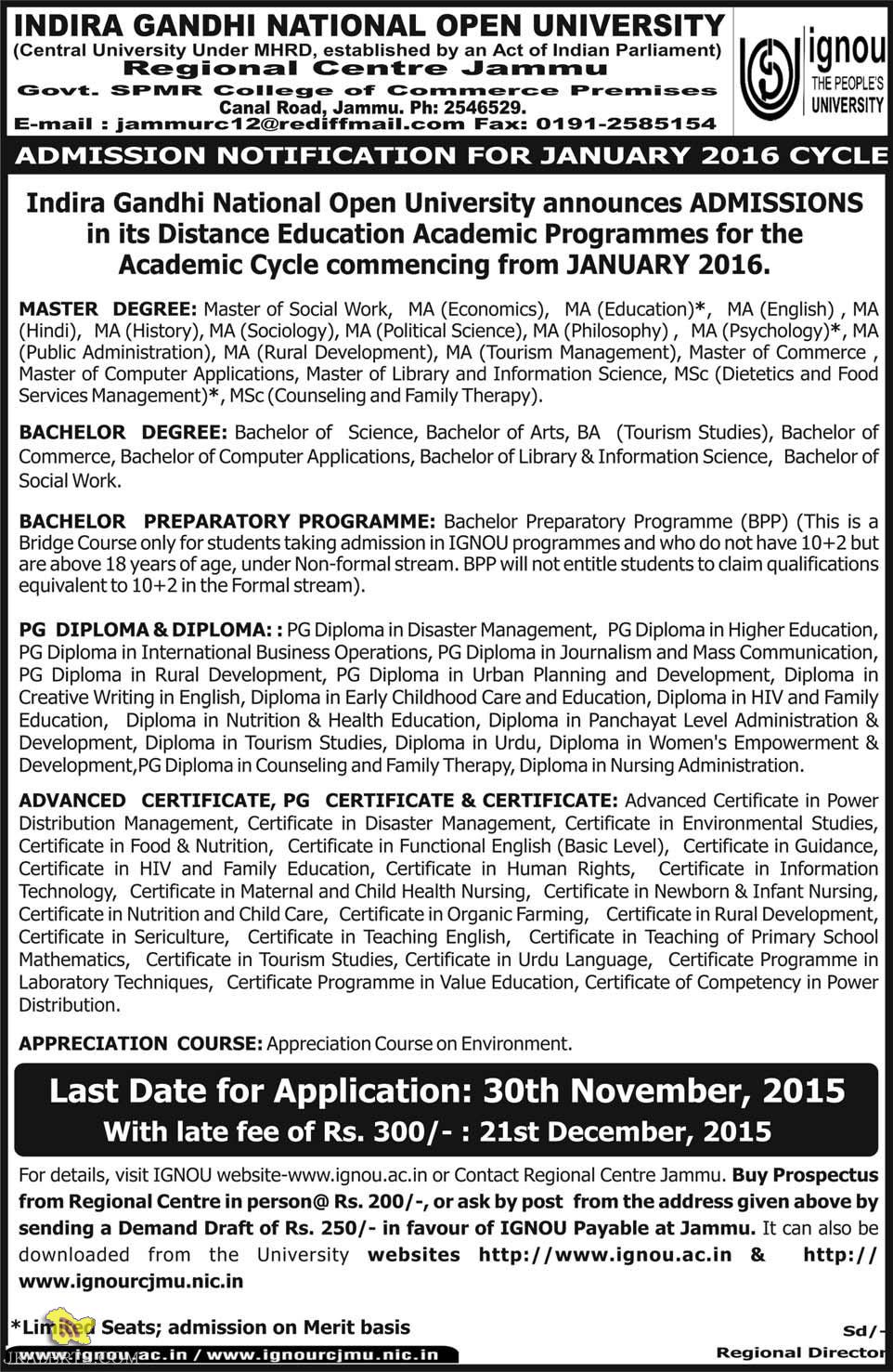 IGNOU ADMISSION OPEN FOR JANUARY 2016