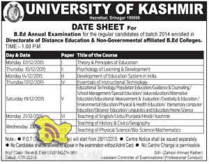 Kashmir university DATE SHEET For B.Ed Annual Examination