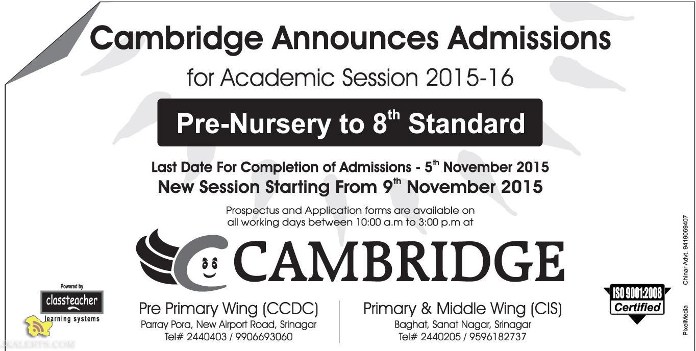 Cambridge Announces Admissions from Pre-Nursery to 8th Standard in srinagar