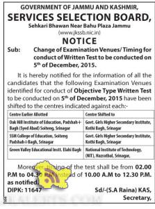 JKSSB Change of Examination Venues / Timing for conduct of Written Test