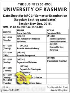 KASHMIR UNIVERSITY Date Sheet for MFC 3rd Semester Examination Nov-Dec, 2015