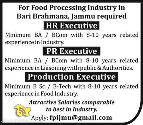 HR Executive, PR Executive, Production Executive Jobs in Industries Bari Brahmana