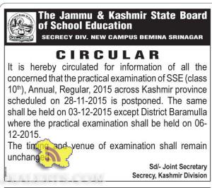 JKBOSE practical Class 10th , Annual, Regular, 2015 Kashmir province scheduled postponed.